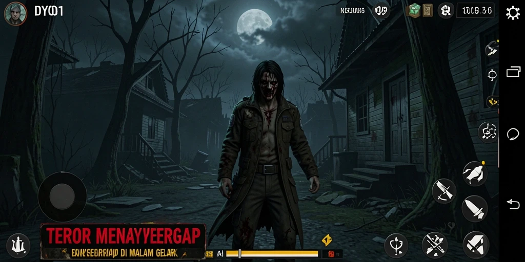 Screenshot gameplay DYO1 menampilkan suasana menakutkan di malam hari.