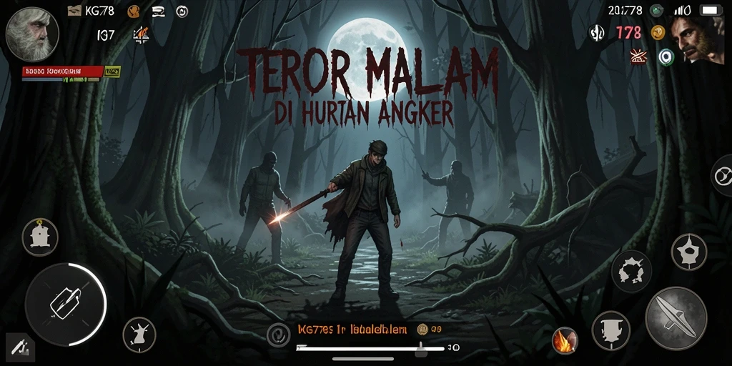 Tampilan gameplay menyeramkan di hutan angker malam hari.