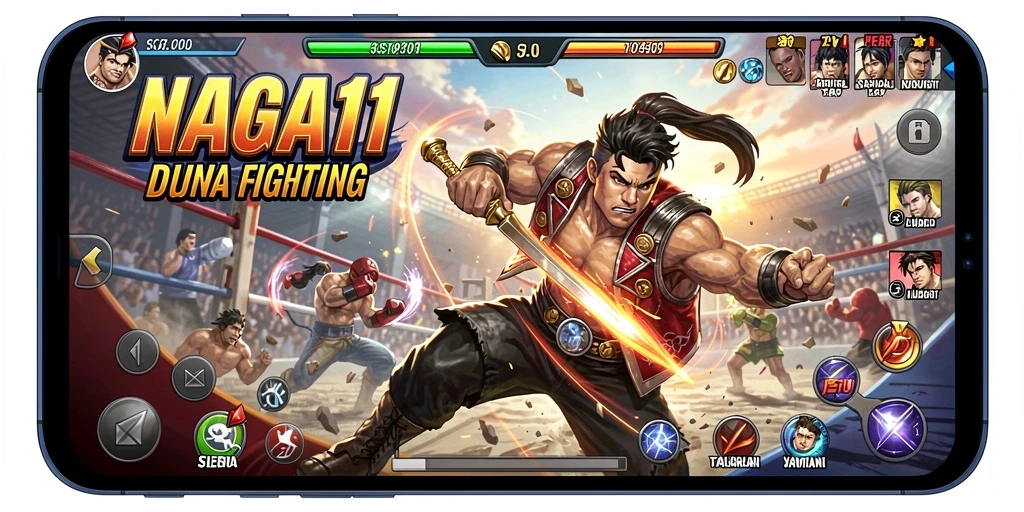Tampilan gameplay seru pertarungan karakter di NAGA11.