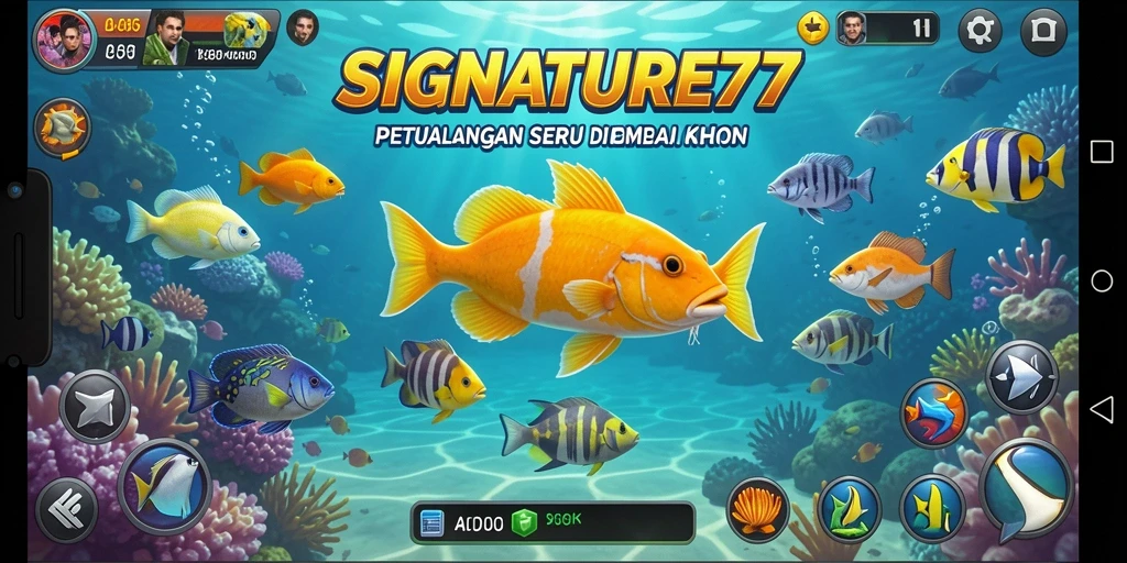 Tampilan gameplay SIGNATURE77 dengan berbagai ikan warna-warni yang siap ditembak.