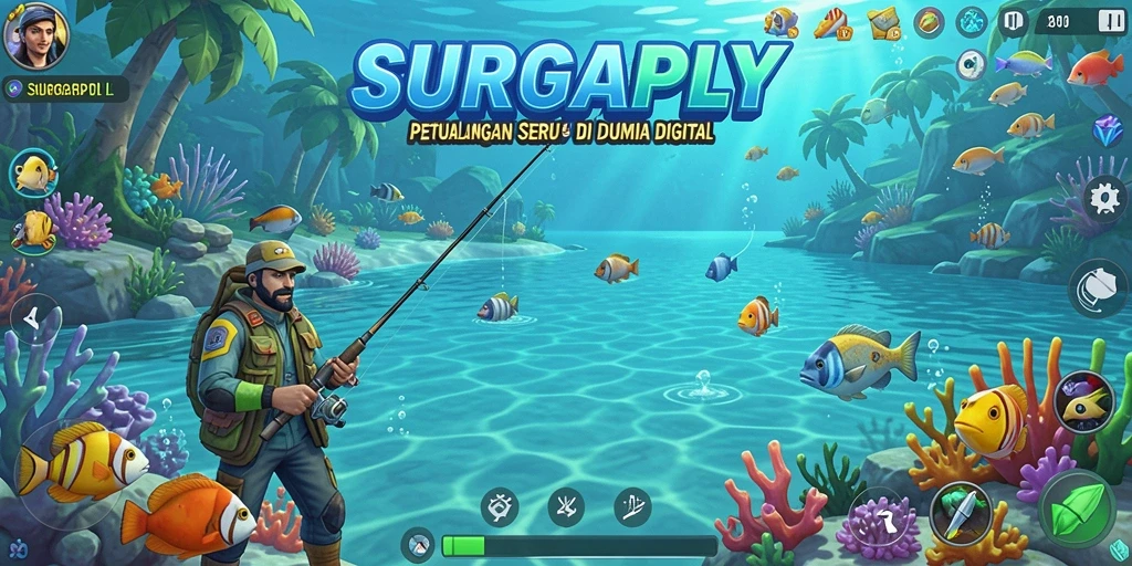 Tampilan gameplay SURGAPLY menampilkan keseruan memancing di lingkungan yang indah.