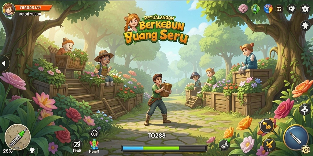 Screenshot TO288 menunjukkan petualangan berkebun yang menarik dan penuh warna.