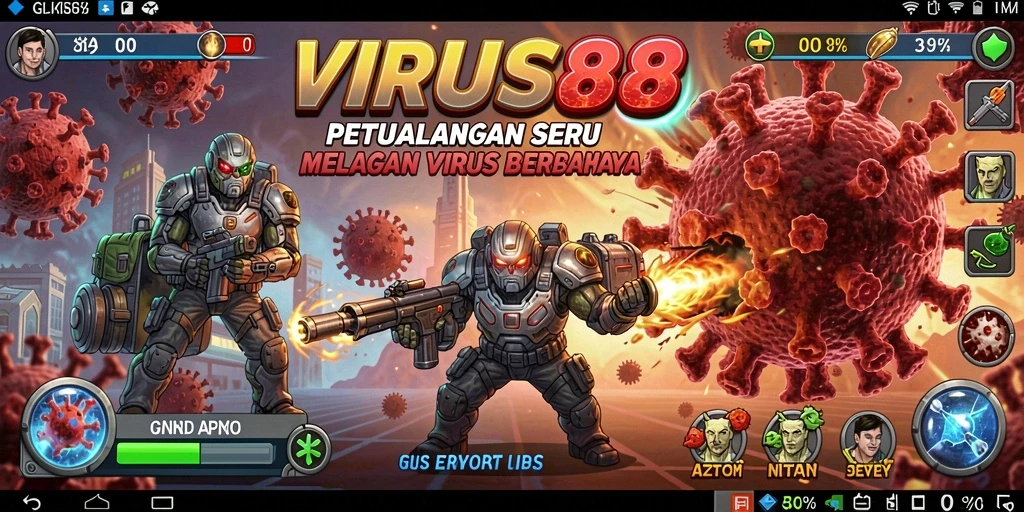 Gameplay VIRUS88 menampilkan petualangan melawan virus dalam berbagai lokasi.
