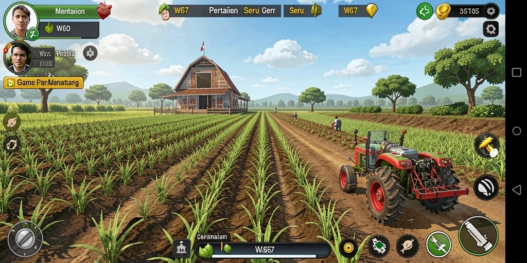 Screenshot gameplay W67 menunjukkan ladang yang asri dan hewan ternak yang bahagia.